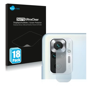 Face avant d’un emballage produit avec le logo de la marque Savvies. À côté, l’appareil Xiaomi Redmi Note 10S (Caméra UNIQUEME