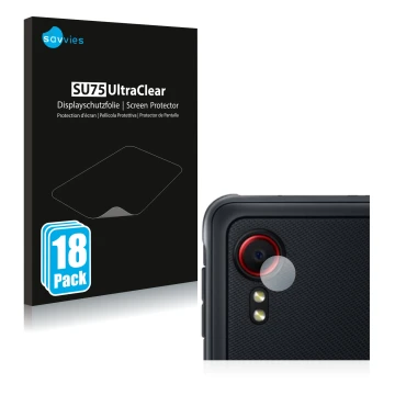 Face avant d’un emballage produit avec le logo de la marque Savvies. À côté, l’appareil Samsung Galaxy XCover 5 (Caméra UNIQUE