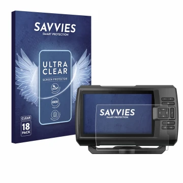 Face avant d’un emballage produit avec le logo de la marque Savvies. À côté, l’appareil Garmin Striker Vivid 7cv est représent