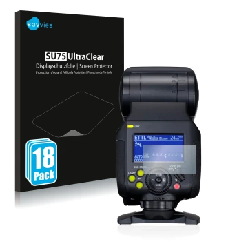 Face avant d’un emballage produit avec le logo de la marque Savvies. À côté, l’appareil Canon Speedlite EL-1 est représenté av