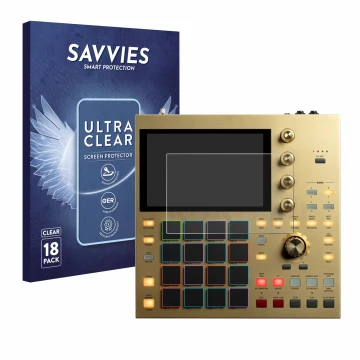 Face avant d’un emballage produit avec le logo de la marque Savvies. À côté, l’appareil Akai MPC One est représenté avec la pr