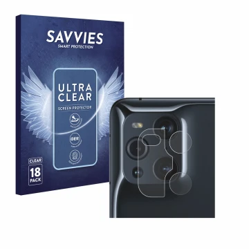 Face avant d’un emballage produit avec le logo de la marque Savvies. À côté, l’appareil Oppo Find X3 Pro (Caméra UNIQUEMENT) e