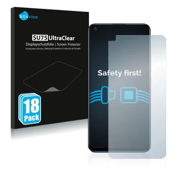 Face avant d’un emballage produit avec le logo de la marque Savvies. À côté, l’appareil realme 8 Pro est représenté avec la pr