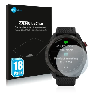Face avant d’un emballage produit avec le logo de la marque Savvies. À côté, l’appareil Garmin Approach S42 est représenté ave