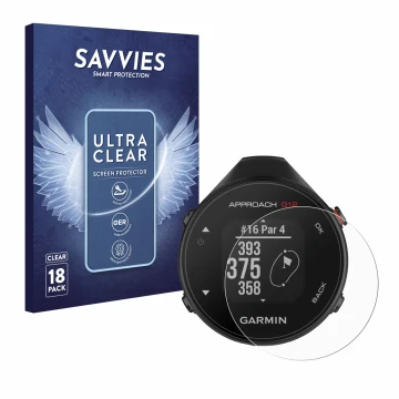 Face avant d’un emballage produit avec le logo de la marque Savvies. À côté, l’appareil Garmin Approach G12 est représenté ave
