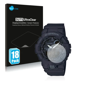 Face avant d’un emballage produit avec le logo de la marque Savvies. À côté, l’appareil Casio G-Shock GBA800 est représenté av