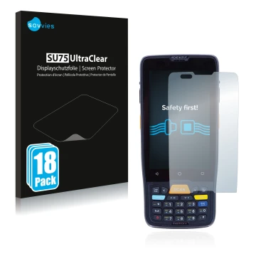 Face avant d’un emballage produit avec le logo de la marque Savvies. À côté, l’appareil Datalogic Memor K est représenté avec 