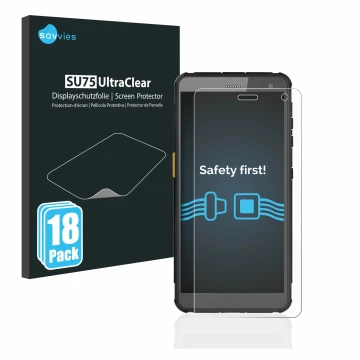 Face avant d’un emballage produit avec le logo de la marque Savvies. À côté, l’appareil i.safe MOBILE IS655.2 est représenté a
