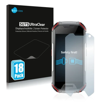 Face avant d’un emballage produit avec le logo de la marque Savvies. À côté, l’appareil Unihertz Atom XL est représenté avec l