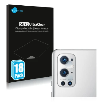 Face avant d’un emballage produit avec le logo de la marque Savvies. À côté, l’appareil OnePlus 9 Pro (Caméra UNIQUEMENT) est 