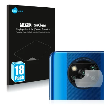 Face avant d’un emballage produit avec le logo de la marque Savvies. À côté, l’appareil Xiaomi Poco X3 Pro (Caméra UNIQUEMENT)