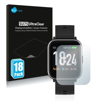 Face avant d’un emballage produit avec le logo de la marque Savvies. À côté, l’appareil Denver SW-163 est représenté avec la p