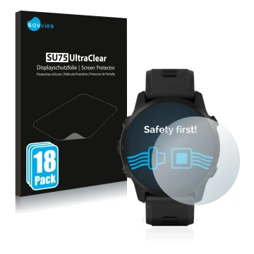 Face avant d’un emballage produit avec le logo de la marque Savvies. À côté, l’appareil Garmin Forerunner 945 LTE est représen