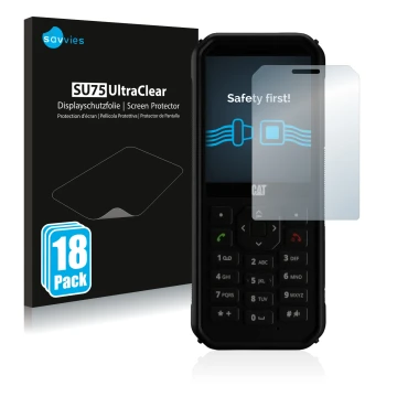 Face avant d’un emballage produit avec le logo de la marque Savvies. À côté, l’appareil Caterpillar Cat B40 est représenté ave