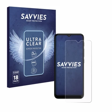 Face avant d’un emballage produit avec le logo de la marque Savvies. À côté, l’appareil Motorola Moto G20 est représenté avec 