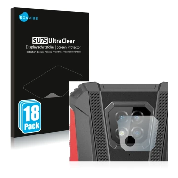 Face avant d’un emballage produit avec le logo de la marque Savvies. À côté, l’appareil Ulefone Armor 8 Pro (Caméra UNIQUEMENT