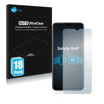 Face avant d’un emballage produit avec le logo de la marque Savvies. À côté, l’appareil realme C11 2021 est représenté avec la