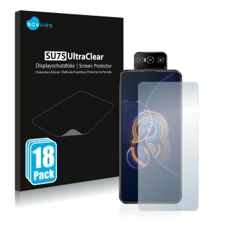 Face avant d’un emballage produit avec le logo de la marque Savvies. À côté, l’appareil ASUS ZenFone 8 Flip est représenté ave