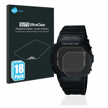 Face avant d’un emballage produit avec le logo de la marque Savvies. À côté, l’appareil Casio G-Shock GW-5000-1JF est représen