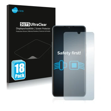 Face avant d’un emballage produit avec le logo de la marque Savvies. À côté, l’appareil Vivo Y70 est représenté avec la protec