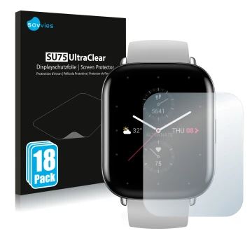 Face avant d’un emballage produit avec le logo de la marque Savvies. À côté, l’appareil Huami Amazfit Zepp E Square est représ