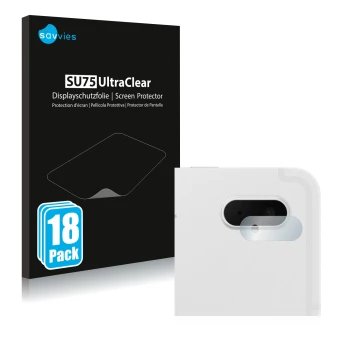 Face avant d’un emballage produit avec le logo de la marque Savvies. À côté, l’appareil Samsung Galaxy Tab S7 FE (Caméra UNIQU