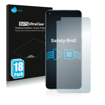 Face avant d’un emballage produit avec le logo de la marque Savvies. À côté, l’appareil OnePlus Nord CE 5G est représenté avec