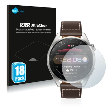 Face avant d’un emballage produit avec le logo de la marque Savvies. À côté, l’appareil Huawei Watch 3 Pro est représenté avec