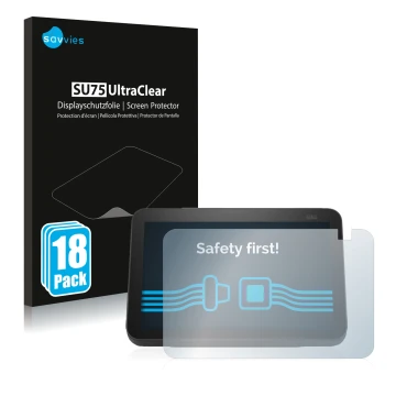 Face avant d’un emballage produit avec le logo de la marque Savvies. À côté, l’appareil Amazon Echo Show 8 2021 (2e Gen.) est 