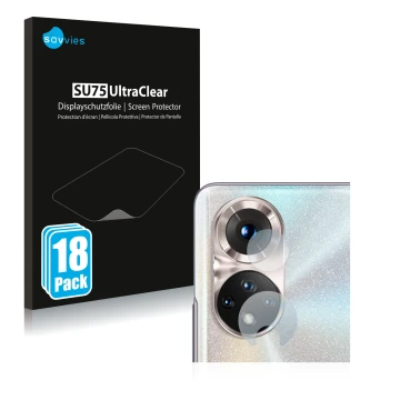 Face avant d’un emballage produit avec le logo de la marque Savvies. À côté, l’appareil Honor 50 (Caméra UNIQUEMENT) est repré