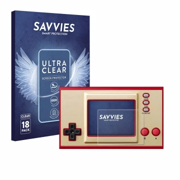 Face avant d’un emballage produit avec le logo de la marque Savvies. À côté, l’appareil Nintendo Game & Watch Super Mario Bros