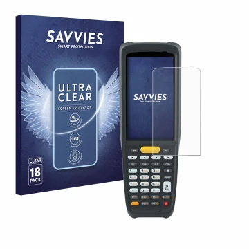 Face avant d’un emballage produit avec le logo de la marque Savvies. À côté, l’appareil Zebra MC2200 est représenté avec la pr