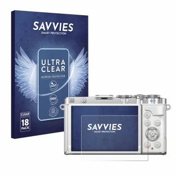 Face avant d’un emballage produit avec le logo de la marque Savvies. À côté, l’appareil Olympus PEN E-P7 est représenté avec l