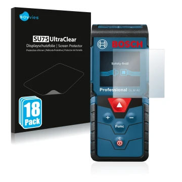 Face avant d’un emballage produit avec le logo de la marque Savvies. À côté, l’appareil Bosch GLM 40 Professional est représen