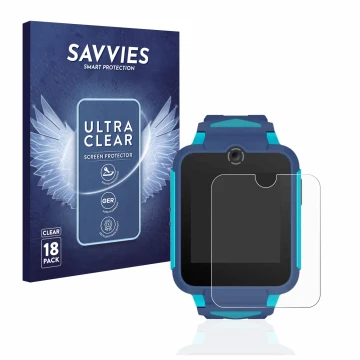 Face avant d’un emballage produit avec le logo de la marque Savvies. À côté, l’appareil TCL Movetime Family Watch 2 est représ