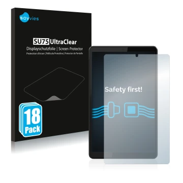 Face avant d’un emballage produit avec le logo de la marque Savvies. À côté, l’appareil Lenovo Tab M8 (3ème Gen.) est représen