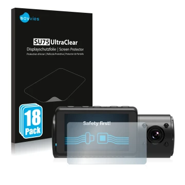 Face avant d’un emballage produit avec le logo de la marque Savvies. À côté, l’appareil Vantrue N4 est représenté avec la prot