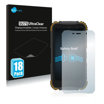 Face avant d’un emballage produit avec le logo de la marque Savvies. À côté, l’appareil Doogee S35 est représenté avec la prot