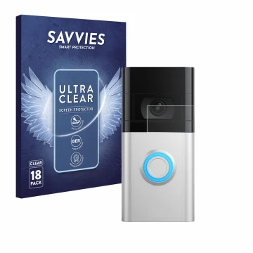 Face avant d’un emballage produit avec le logo de la marque Savvies. À côté, l’appareil Ring Video Doorbell 4 est représenté a