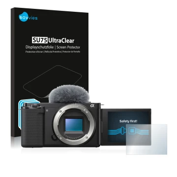 Face avant d’un emballage produit avec le logo de la marque Savvies. À côté, l’appareil Sony Alpha ZV-E10 est représenté avec 