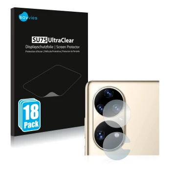 Face avant d’un emballage produit avec le logo de la marque Savvies. À côté, l’appareil Huawei P50 Pro (Caméra UNIQUEMENT) est