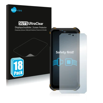 Face avant d’un emballage produit avec le logo de la marque Savvies. À côté, l’appareil Oukitel WP15 5G est représenté avec la