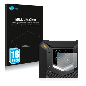 Face avant d’un emballage produit avec le logo de la marque Savvies. À côté, l’appareil Oukitel WP15 5G (Caméra UNIQUEMENT) es