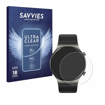 Face avant d’un emballage produit avec le logo de la marque Savvies. À côté, l’appareil Huawei Watch GT 2 Pro ECG est représen