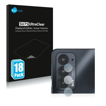 Face avant d’un emballage produit avec le logo de la marque Savvies. À côté, l’appareil Motorola Edge 20 (Caméra UNIQUEMENT) e