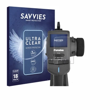 Face avant d’un emballage produit avec le logo de la marque Savvies. À côté, l’appareil Futaba T3PV est représenté avec la pro