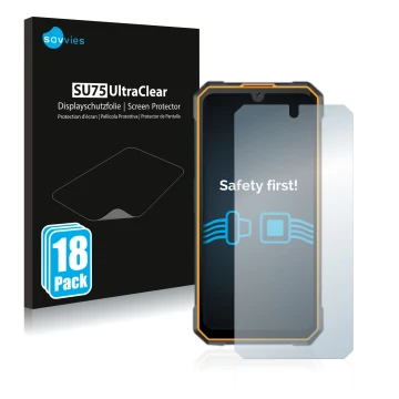 Face avant d’un emballage produit avec le logo de la marque Savvies. À côté, l’appareil Cubot King Kong 5 est représenté avec 