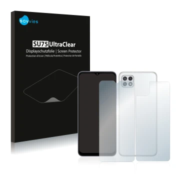 Face avant d’un emballage produit avec le logo de la marque Savvies. À côté, l’appareil Samsung Galaxy A22 5G (Avant+Arrière) 