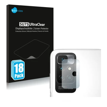 Face avant d’un emballage produit avec le logo de la marque Savvies. À côté, l’appareil Xiaomi Redmi 10 (Caméra UNIQUEMENT) es