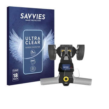 Face avant d’un emballage produit avec le logo de la marque Savvies. À côté, l’appareil PowaKaddy CT6 GPS est représenté avec 